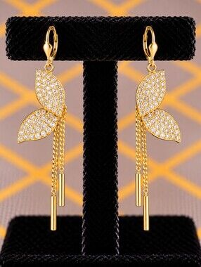 22kgp Dubai Jewelry Gold Crystal Leaf Drop Earrings